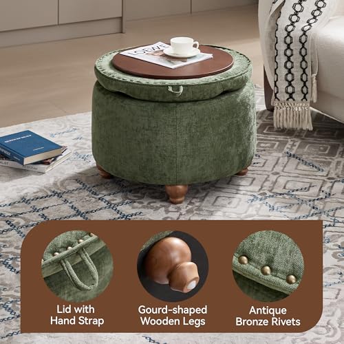 WUTUTUEE 24Inch Round Storage Ottoman with Tray, Modern Tufted Circle Coffee Table with Storage, Upholstered Ottoman with Removable Top for Living Room, Bedroom, Chenille Green - color: Chenille Green, size: 24 Inch