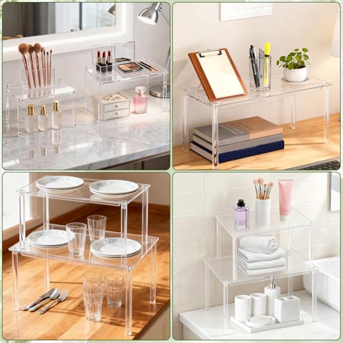 Clear Cabinet Organizer, 4 Pack Acrylic Cabinet Organizer and 1PC Acrylic Display Box, Stackable Spice Rack Organizer Shelf for Kitchen Dishes, Spices, Soda Cans and Bottles