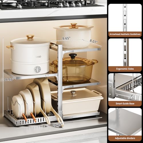 PureBox Pots and Pans Organizer Rack with Lid Holder – 8 pots, 304 Solid Stainless Steel Shelves Heavy Duty Adjustable Under Cabinet Pot Rack, Double-Sided Cabinet Organizer, Holds 100Lbs, Silver - color: Silver