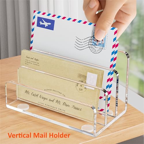 FUCDTEFC Desk Mail Organizer, 3 Section Clear Acrylic File Holder Letter Organizer, Vertical Lightweight Modern Envelope Holder Desk Accessories & Workspace Organizers for Office, Home, School - size: 3 Section Clear-L