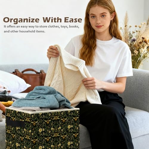 Moody Floral Bumblebee Storage Box Bins, Dark Cottagecore Honey Bee Botanical Collapsible Storage Basket Organizer for Bedroom Laundry Room Home Clothes Toys Books, Toybox for Girls - color: Floral Q