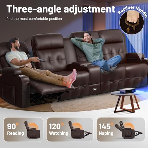 Loveseat Recliner Sofa, 4-Seater Home Theater Seating Massage Reclining Couch with USB, Center Console, Wall Hugger RV Recliners, 145° Recline & Cup Holders & Side Pockets,for RV & Movie Room - color: Brown, size: 4-Seater 112''