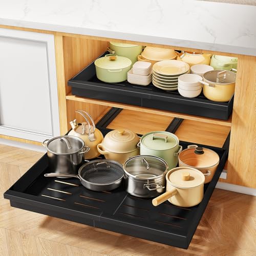 Pull out Cabinet Organizer, 1-Pack Expandable(13.6"-24") Silde out Drawers with Raising Pad for Framed Cabinets, Adjustable Full-Extension Adhesive Roll out Shelves for Kitchen Pantry Home Pot and Pan - color: Black, size: (13.6''-24'')Wide-21''Deep (1Pac