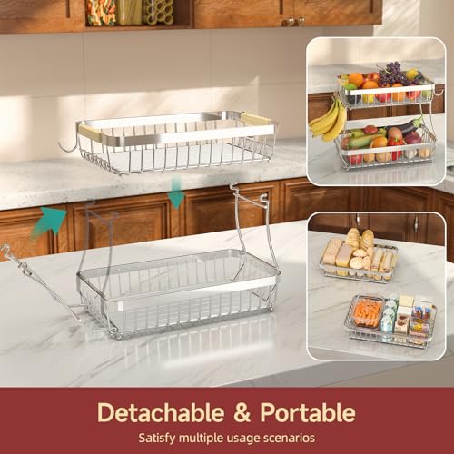 Sevenblue 2 Tier Large Fruit Basket for Kitchen Counter with 2 Mobile Banana Hangers, 2026 Pro Detachable Metal Fruit Bowl with Wooden Handle (Silver, 2 Tier Extra Large) - color: Silver, size: 2 Tier Extra Large