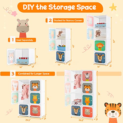 HONEY JOY Kids Wardrobe Closet, Baby Cartoon Clothes Storage Organizer, 8 Cubes & 2 Hanging Sections, Portable Children DIY Modular Bedroom Armoire Dresser Cabinet for Boys Girls (White) - color: White, size: 8-Cube