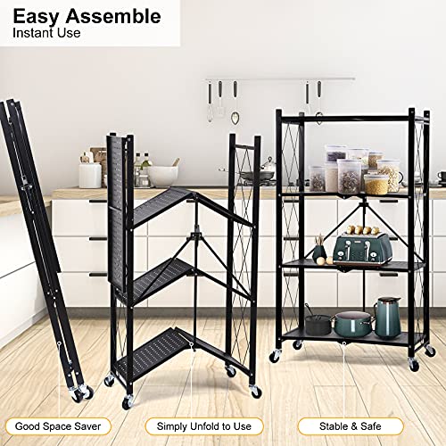 4-Tier Heavy Duty Foldable Metal Rack Storage Shelving Unit with Wheels Moving Easily Organizer Shelves Great for Garage Kitchen, Black - color: Black, size: 4-Tier
