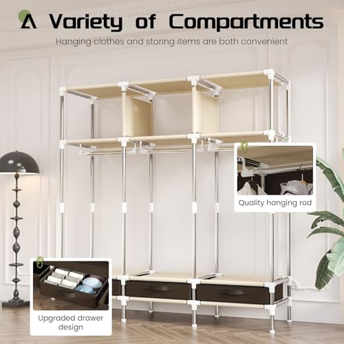 Portable Amories Closet Wardrobe with Non Woven Fabric Cover,59 Inch Large Metal Clothes Rack Storage Closet with 3 Hanging Rods,3 Drawers and 3 Storage Shelves,Brown,for Small Room - color: Brown
