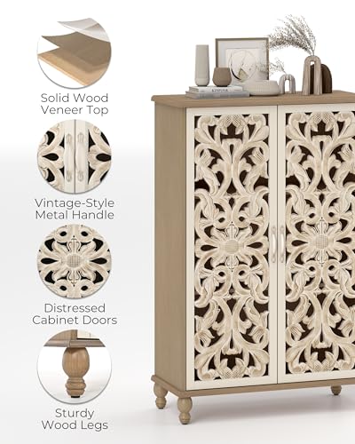 47" Tall Accent Cabinet with Carved Doors, Storage Cabinet with 3 Adjustable Shelves, Narrow Boho Farmhouse Sideboard for Entryway, Living Room, White&Natural