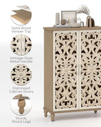 47" Tall Accent Cabinet with Carved Doors, Storage Cabinet with 3 Adjustable Shelves, Narrow Boho Farmhouse Sideboard for Entryway, Living Room, White&Natural