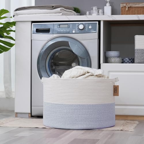 COMFY-HOMI XXXL Large Laundry Basket, Cotton Rope Nursery Woven Basket for Storage, Blanket Baskets Living Room Laundry Hamper, Dog Toy Storage Organizer, Home Decor-21''x21''x13.6''-White/Blue - color: white/bule