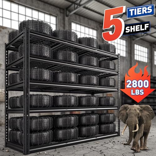 REIBII 55" W Garage Shelving Unit, 5-Tier Adjustable Rivet Metal Shelves, 2800 LBS Industrial Steel Storage Shelves with Reinforced Mesh, for Warehouse Basement Pantry, Shed, Black, 72" H x 17.7" D - size: 55"Wx17"D x 72"H