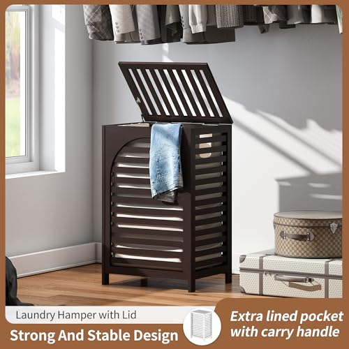 FILWH Laundry Hamper with Lid (16.9 * 13 * 26.5inches) Large Bamboo Laundry Bin Basket 85L Clothes Hamper with 1 Removable Bag Storage baskets for Bathroom(Brown) - color: Brown