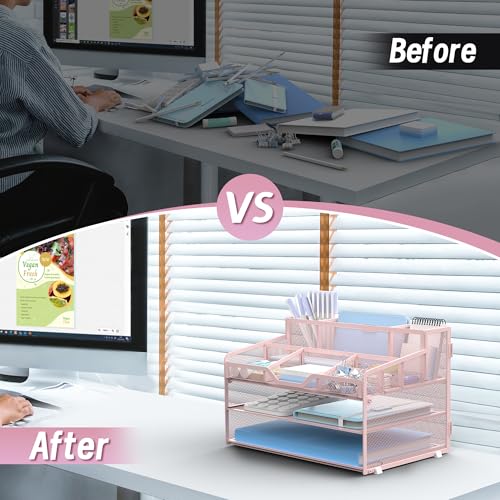3 Tier Mesh Desk Organizer,Multi Functional Letter Paper Tray with 3 Pen Holders and 5 Adjustable Storage Compartments for Office Supplies Files and Mail Space Saving Desktop Organizer-Pink - color: 3 Tier-pink