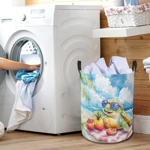 Tropical Turtle Beach Laundry Basket Ocean Animal Foldable Laundry Hamper with Handles Clothes Storage Bin for Household Bedroom Bathroom Dorms 17.3"x13.6" - color: Tropical Turtle Beach