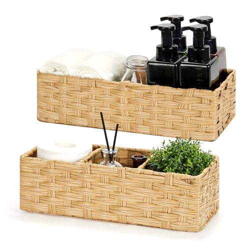 Bidtakay Small Wicker Baskets for Organizing Woven Baskets for Storage 2-Pack Waterproof Imitation Wicker Narrow Storage Bins for Shelves Towels Baskets for Washroom Natural - color: Natural