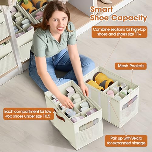 4-Pack Shoe Organizer for Closet, Foldable Shoe Storage Box with Adjustable Dividers & Clear Cover, Fits 32 Pairs, Beige, Durable and Space-Saving - color: Beige, size: 4 Pack