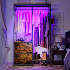 Heavy Duty Clothes Rack with 3 Drawers & LED Light, Garment Rack with 3 Shelves, Free Standing Wardrobe Organizer with 8 Hooks for Bedroom, Small Space, Garming Room（37.8"W x 66.93"H, Rustic Brown） - color: Rustic