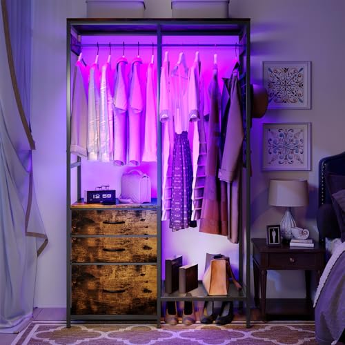 Heavy Duty Clothes Rack with 3 Drawers & LED Light, Garment Rack with 3 Shelves, Free Standing Wardrobe Organizer with 8 Hooks for Bedroom, Small Space, Garming Room（37.8"W x 66.93"H, Rustic Brown） - color: Rustic