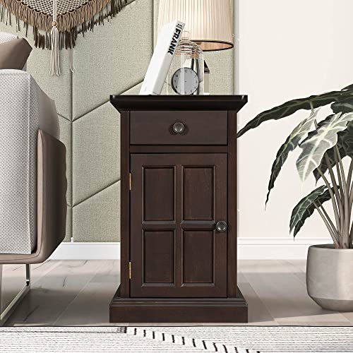 Multifunctional Classic Vintage End Table with USB Ports and 1 Drawer with Cup Holders, Sofa Side Narrow Table, Bedside Nightstand for Living Room Bedroom (Antique Espresso) - color: Antique Espresso