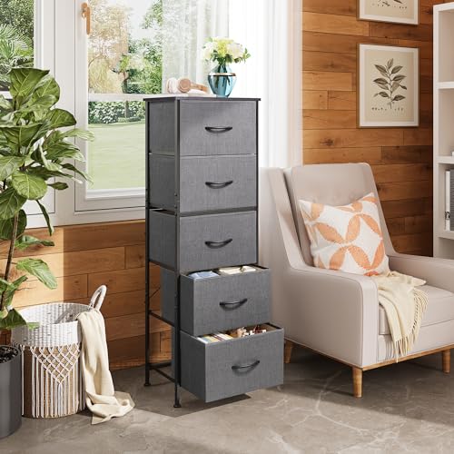 WLIVE Fabric Dresser, 5-Drawer Tall Dressers for Bedroom, Storage Dresser Organizer with Fabric Bins, Wood Top, Sturdy Steel Frame, Chest of Drawers for Closet, Hallway, Dark Grey - color: Dark Grey