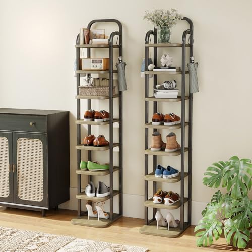 ITEFDTUTNE 8 Tiers Vertical Shoe Rack, Narrow Shoe Tower Adjustable Shelves Wooden Tall Rack with 2 Hooks, Corner Storage Organizer for Small Spaces, Entryway, Living Room, Rustic (Light Brown) - color: Light Brown-8 Tiers