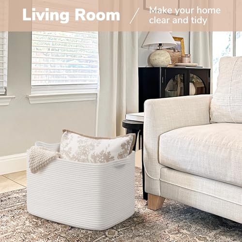 Goodpick Large Woven Basket 18" x 14" x 12" Cotton Rope Storage Baskets for Organizing, Rectangle Blanket Basket for Living Room Bedroom, Toy Baskets Storage Kids, White - color: White, size: 18"L x 14"W x 12"H