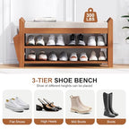 PETKABOO 31.5" Shoe Bench with Coat Rack Hidden Drawer and Side Holder, 2 Tier Entryway Bench with Storage 39.4 in, Bamboo Shoe Rack with Cushion for Entryway Hallway Living Room Bedroom - size: 31.5 in with Hook