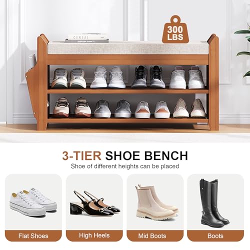 PETKABOO 31.5" Shoe Bench with Coat Rack Hidden Drawer and Side Holder, 2 Tier Entryway Bench with Storage 39.4 in, Bamboo Shoe Rack with Cushion for Entryway Hallway Living Room Bedroom - size: 31.5 in with Hook