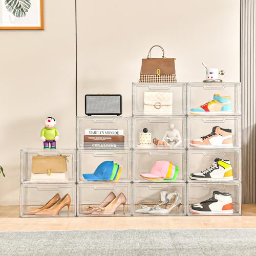 5 Pack Clear Stackable Shoe Organizer Box with Lids, Acrylic Shoes Box with Magnetic Doors, Transparent Shoe Storage Bins Closet Organizers, Shoes Containers For Sneaker Display, Fit up to US Size16 - color: Clear-5P, size: US16