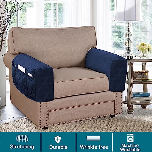 Non-Slip Sofa Armrest Protector,Thick Velvet Armrest Covers for Chairs and Sofas Couch with Side Pocket,Armrest Storage Organizer,Washable Arm Covers for Dogs，Set of 2 (Navy) - color: Navy