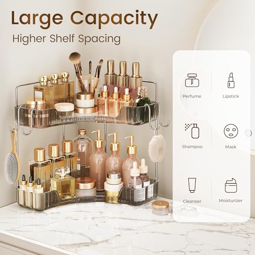 Corner Counter Organizer, 2-Tier Bathroom & Kitchen Storage Tray with Hooks | Clear Vanity Organizer for Skincare, Makeup & Jewelry - color: Grey, size: 2 Tier