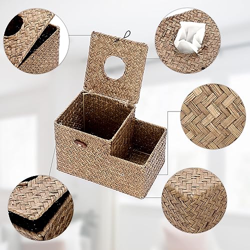 Sumnacon Tissue Box Cover Square Tissue Box Woven Seagrass Tissue Box Holder with Side Organizer, Rustic Tissue Holder for Living Room Bathroom Bedroom Kitchen Office Table Desk, Coffee - color: Coffee