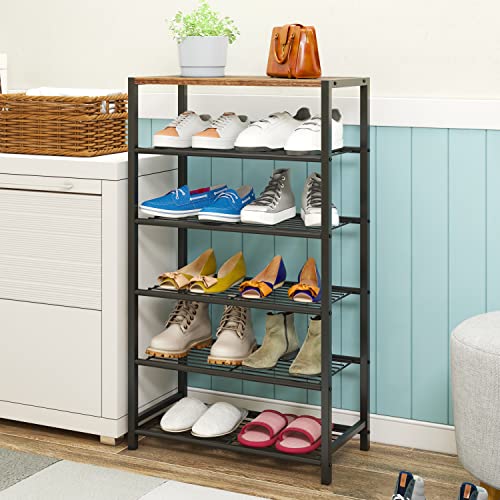Yusong Shoe Rack Organizer, 6 Tier Industrial Shoe Storage Shelf, Narrow Sturdy Metal Shoe Shelves for Closet Entryway, Rustic Brown - color: Rustic Brown, size: 6 Tier