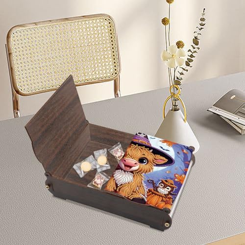 antor DIY Diamond Painting Wooden Storage Box, Halloween Cow and Pumpkin Special Shaped Rhinestone Art Flip Cover Organizer, Handmade Desktop Diamond Art Storage Box Decor - color: Halloween