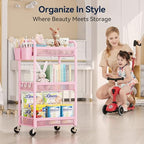 YASONIC 3 Tier Rolling Cart – Metal Utility Storage Cart with Wheels, Craft Cart Organizer with Hanging Cups, Hooks, Mesh Basket for Bedside Kitchen Office Art, Pink - color: Pink