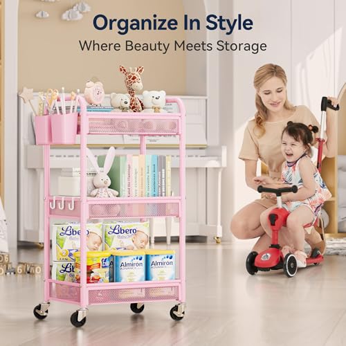 YASONIC 3 Tier Rolling Cart – Metal Utility Storage Cart with Wheels, Craft Cart Organizer with Hanging Cups, Hooks, Mesh Basket for Bedside Kitchen Office Art, Pink - color: Pink