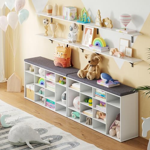 DINZI LVJ Shoe Storage Bench with Cushion, 16-Cubby Shoe Rack, Adjustable Shelves, Multifunctional Shoe Organizer Bench for Entryway, Mudroom, Hallway, Living Room, Bedroom and Garage, White - color: White, size: 16 Cubby