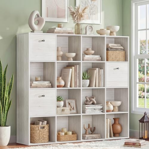 16 Cube Storage Organizer, White Bookcase with 2 Fabric Drawers, Freestanding Book Shelf for Bedroom Living Room, Office Cubby Shelf, Display Rack with Open Shelves, Washed White Bookshelf 47” Wide - color: Washed White, size: 16 Cube