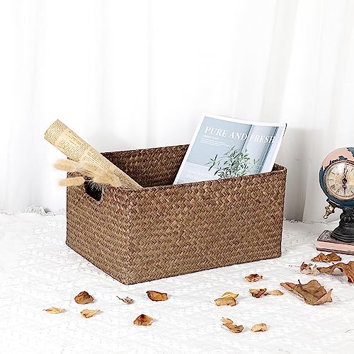 Hipiwe Seagrass Storage Baskets Bin for Shelf Organizing Rectangular Wicker Basket with Handle Handwoven Opened Baskets Bin Decorative Basket Box for Closet Bedroom Organizer - color: Coffee, size: Medium,13.4"x9.4"x 6.7"