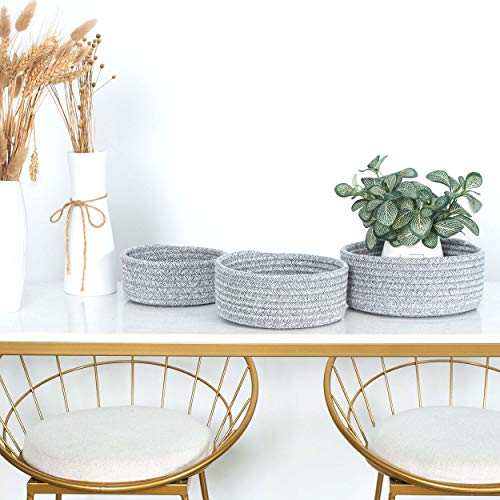MINTWOOD Design Set of 3 Cotton Rope Nesting Bowls, Small Catch All Basket, Cute Closet Baskets and Bins for Shelves, Mini Table Basket Organizer for Small Accessories, Light Gray Mix - color: Light Gray Mix