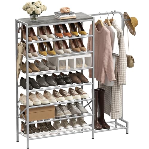 Shoe Rack with Coat Rack, 8 Tier Tall Shoe Storage Organizer with Hooks, 3-in-1, Wooden Top Shelf, Sturdy Frame, Metal Clothes Hanger Stand for Entryway, Closet, Silver - color: Silver