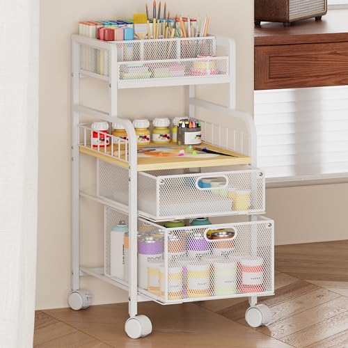 SWTYMIKI Rolling Cart with Drawers - Metal Utility Cart with Wood Shelf, DIY Divider and Locking Wheels, Craft & Art Cart Organizer for Under Desk Storage for Home Office Studio, White - color: 4 Tiers-White, size: 4 Tiers