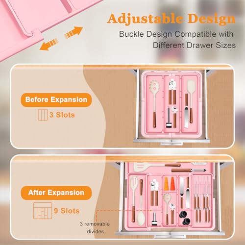 Homecor Utensil Drawer Organizer for Kitchen, Expandable Silverware Organizer Cooking Utensils Tray, Large Cutlery and Flatware Holder, Kitchen Tools & Gadgets Storage (Pink) - color: Pink