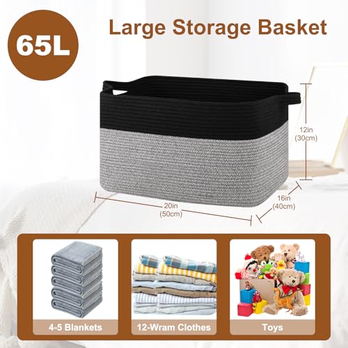 OIASKET Blanket Basket for Living Room, Woven Cotton Rope Basket for Storage Clothes, Towels, Pillows, Toy Storage Bin for kids with Handles, 20" x 16" x 12", Black and Grey - color: Black & Grey, size: 19.7"x15.8"x11.8"