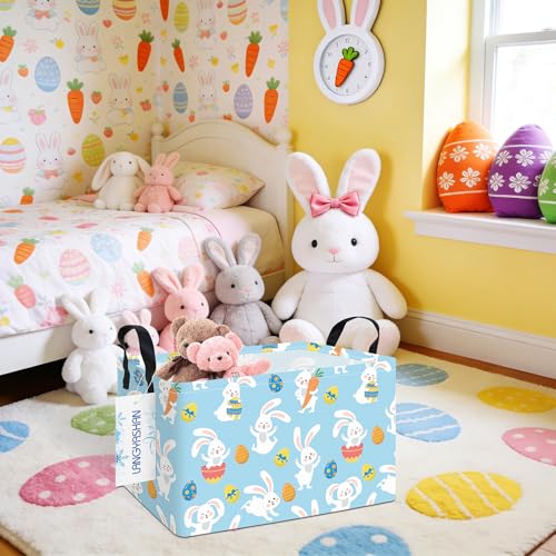 LANGYASHAN Rectangular Storage Bin Collapse Canvas Fabric Cartoon Storage Basket with Handles for Organizing Home Kitchen Boys and Girls Toys Office Closet Shelf Baskets (Rec Blue Rabbit Easter Egg) - color: Rec Blue Rabbit Easter Egg