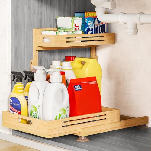 Banlilu Under Sink Organizer, Pull Out Cabinet Organizer, 2 Tier Slide Out Sink Shelf Cabinet Storage Shelves, Storage for Kitchen Bathroom, Natural Premium Bamboo Wood - color: Natural