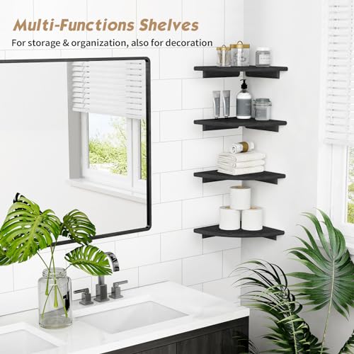 Forbena Black Corner Floating Shelves for Wall Set of 4, Small Rounded Corner Shelves Wall Mount for Bedroom Books, Mini Wood Hanging Corner Shelf for Bathroom Decor, Living Room, Small Spaces - color: 4. Black, size: 10" Depth