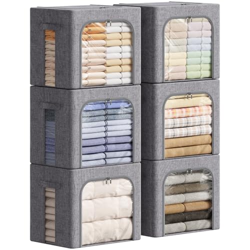 Lifewit Clothes Storage Bins with Metal Frame, Stackable Storage Box, Foldable Clothing Storage Bins with Lids, 40L Storage Bags Fabric Box Organizer with Clear Window＆ Zippers＆ Sturdy Handles 6 Pack - size: 40L