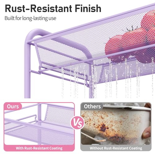 TOOLF 3-Tier Metal Rolling Cart, Mesh Wire Easy Assemble Utility Cart, Storage Trolley on Wheels with 3 Hooks, MetalStorage Shelving Units for Kitchen Bathroom Laundry Room - color: Purple, size: 3-Tier