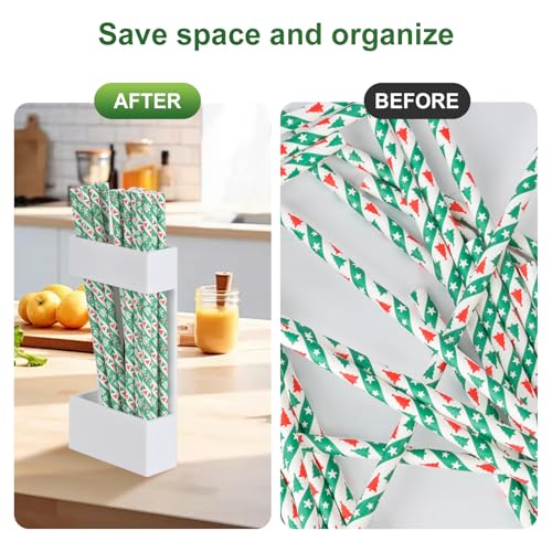 2 PACK Acrylic Straw Holder for Cabinet Doors, Reusable Straw Organizer with Ultra-Sticky Adhesive, Small Kitchen Accessories Container, Fits Both Short & Long Straws (White) - color: White